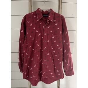 Land's End Button Up Shirt Long Sleeve Red Wildlife Deer Goose Fish Men's Large